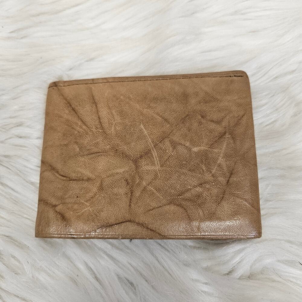 Vintage Amity Cowhide Leather Bifold Wallet Brown Mid Century Leaf Woodgrain